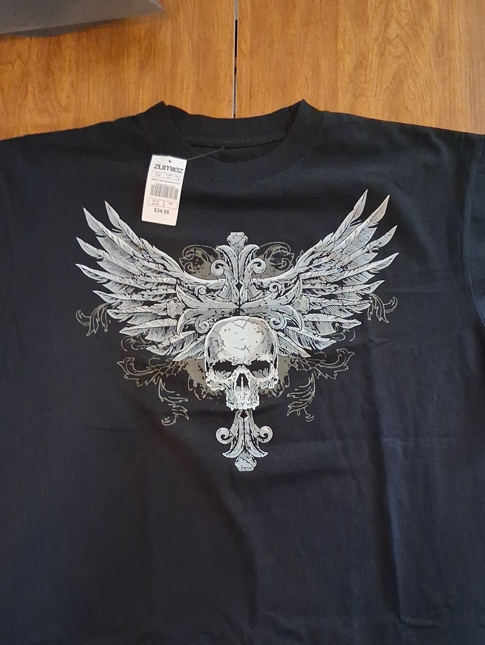 Sheisty Black Tee with White Skull and Wing Graphic